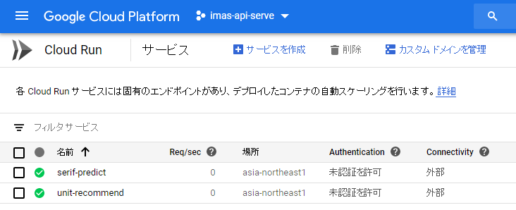 Cloud Run:サービスの一覧